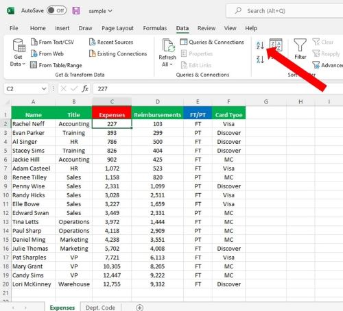 Excel Sort Columns