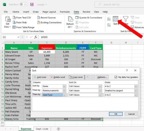 Excel Sort Columns