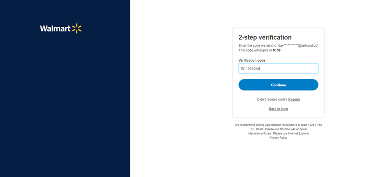 Seller center 2-step verification screen
