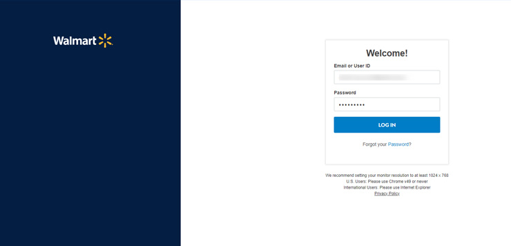 Walmart seller center login screen