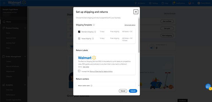 Walmart seller center set up shipping and returns
