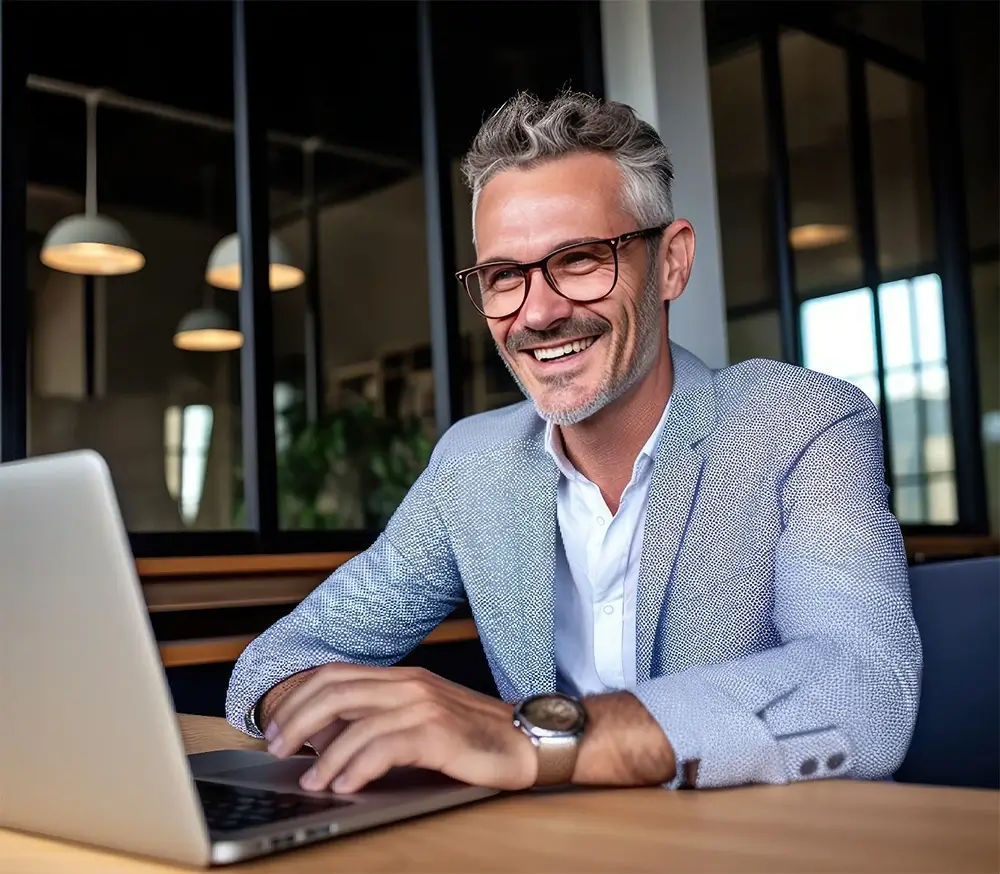 Buisness man smiling on laptop in cafe